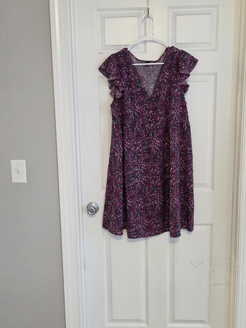 SHEIN Plum Floral V-Neck Midi Dress with Ruffle Sleeves